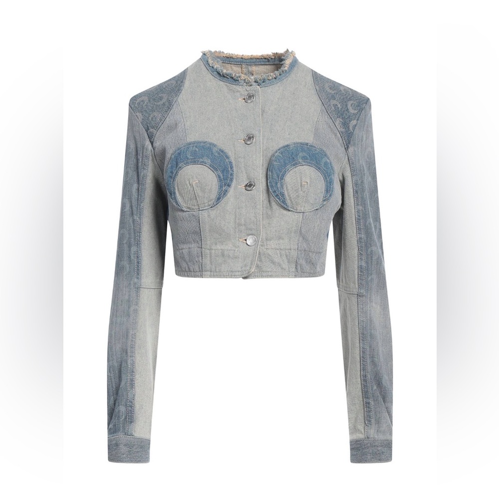 Marine Serre Blue and Gray Jean Jacket with Circular Patterns